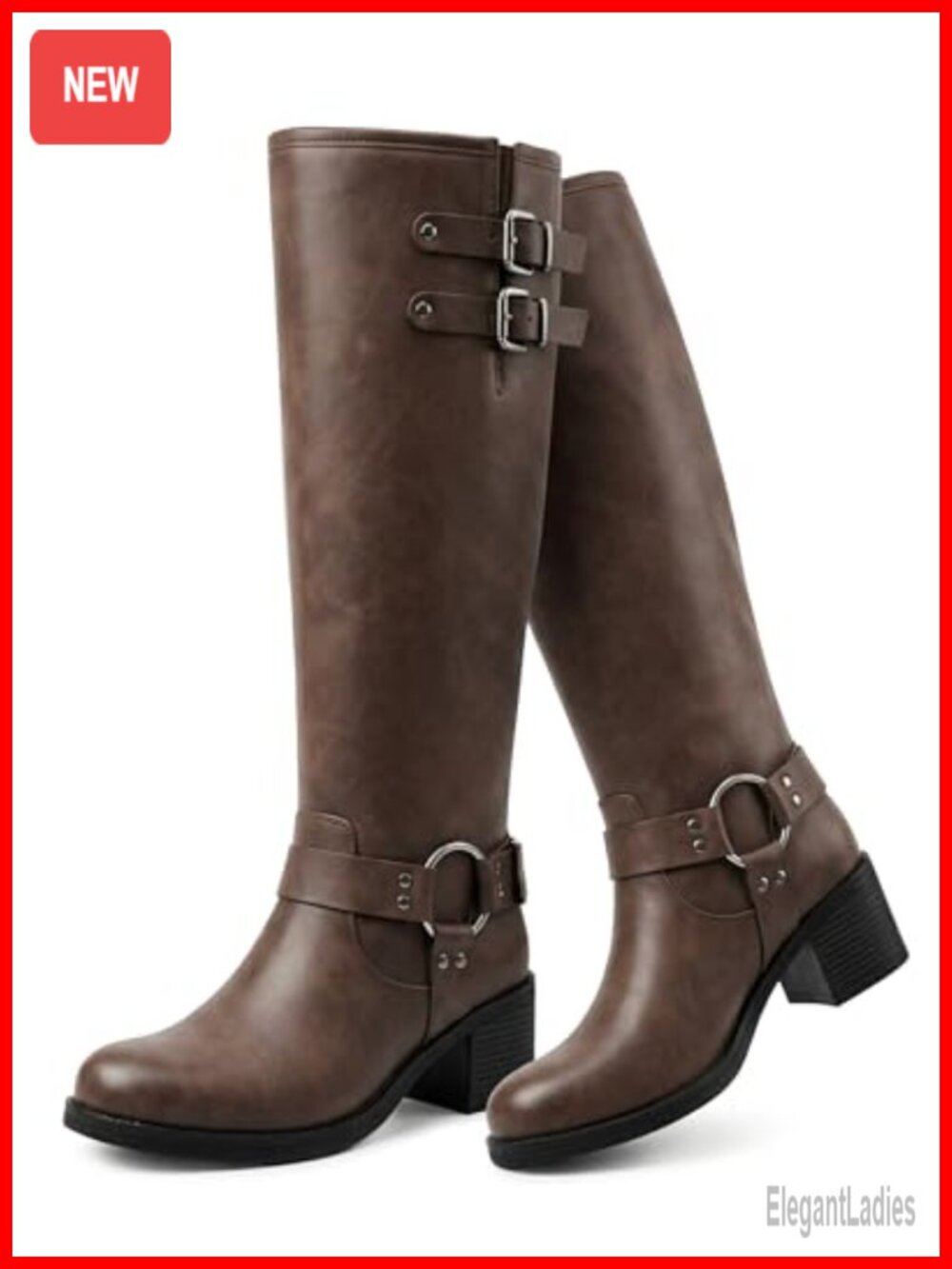 Women's Square Toe Faux Leather Knee High Boots Chunky Heel Biker Boots